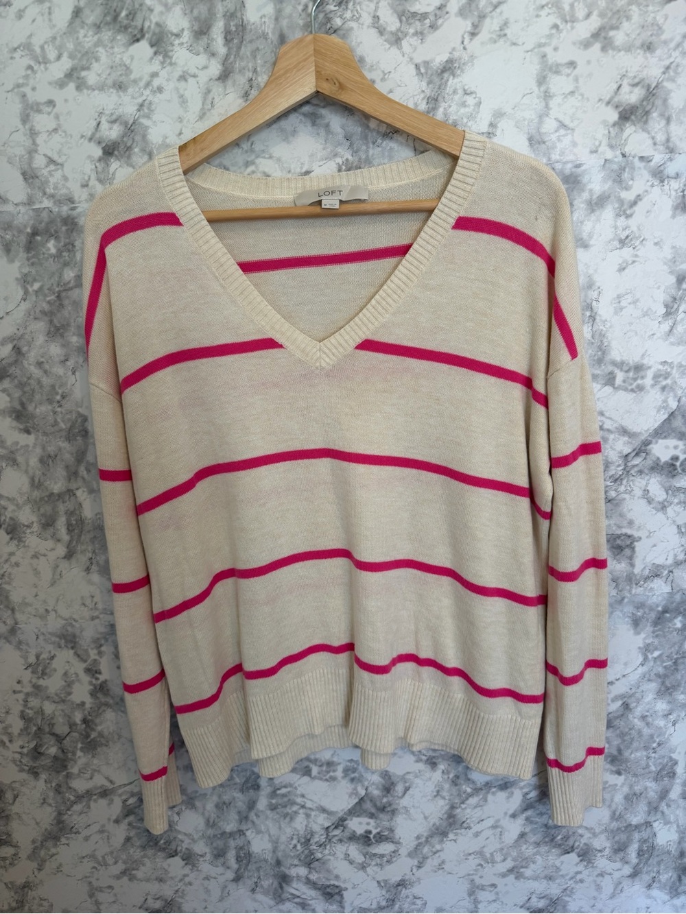 LOFT Cream V-Neck Sweater with Hot Pink Stripes